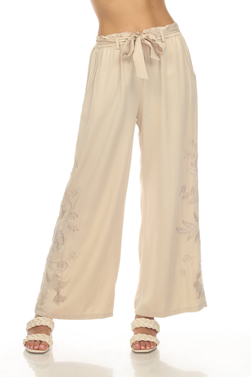 Johnny Was Workshop Style W69023 Sand Harlow Paperbag Embroidered Wide Leg Pants Boho Chic