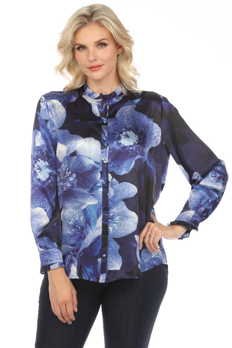 Johnny Was Workshop Style W12224 Silk Floral Button Front Long Sleeve Shirt Boho Chic