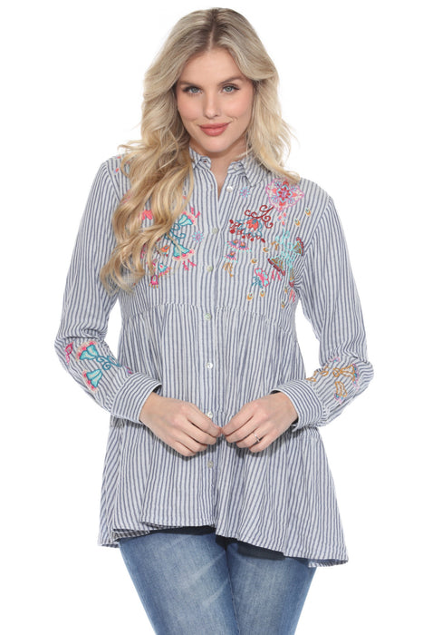 Johnny Was Workshop Style W20624 Striped Alesa Tiered Shirt Tunic Top