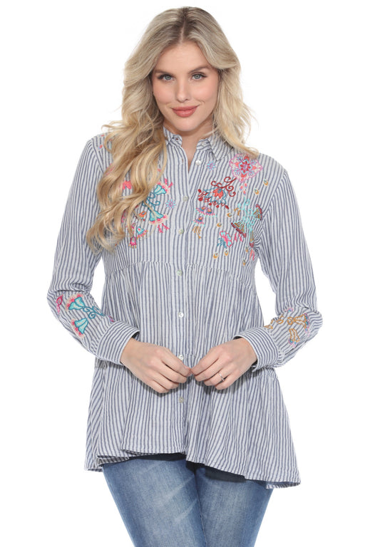 Johnny Was Workshop Style W20624 Striped Alesa Tiered Shirt Tunic Top