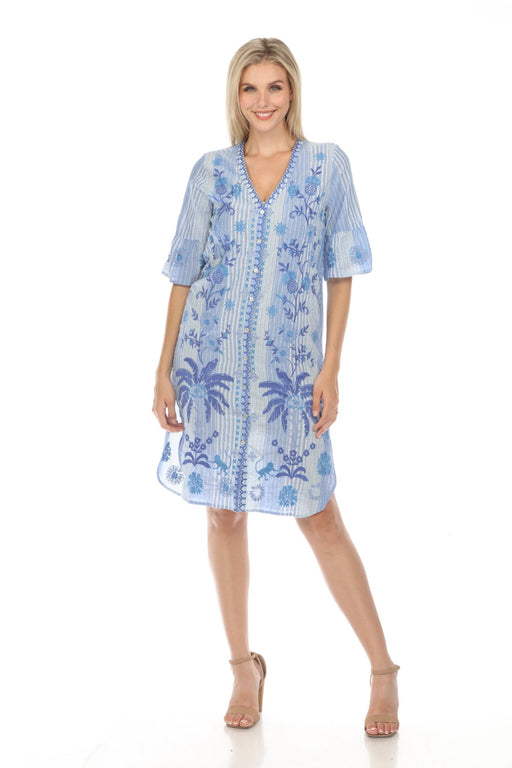 Johnny Was Workshop Style W35324 Stripe Tarra Ruffle Sleeve Embroidered Shirt Dress Boho Chic