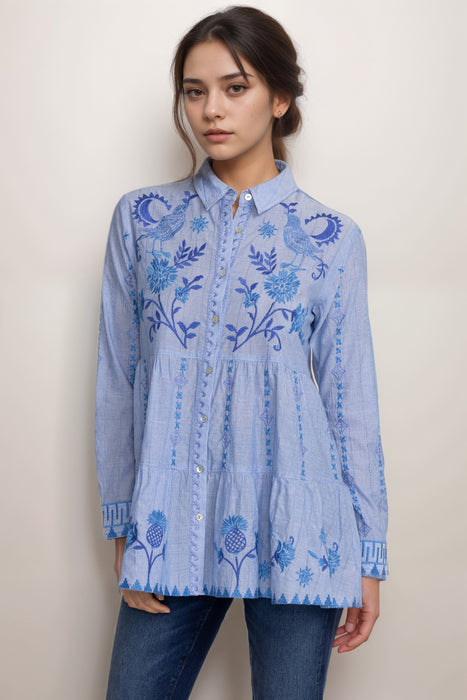 Johnny Was Workshop Blue Tarra Tiered Shirt Tunic W29924-4
