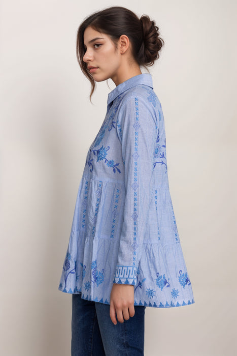Johnny Was Workshop Blue Tarra Tiered Shirt Tunic W29924-4