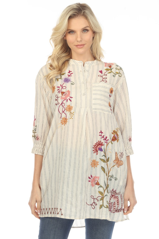 Johnny Was Workshop Style W26923 Toni Smocked Cuff Striped Embroidered Tunic Boho Chic