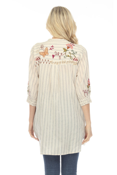 Johnny Was Workshop Toni Smocked Cuff Striped Embroidered Tunic Boho Chic W26923