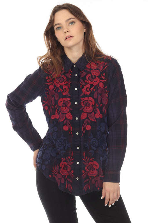 Johnny Was Workshop Style W15922 Tuscan Relaxed Plaid Embroidered Shirt Boho Chic