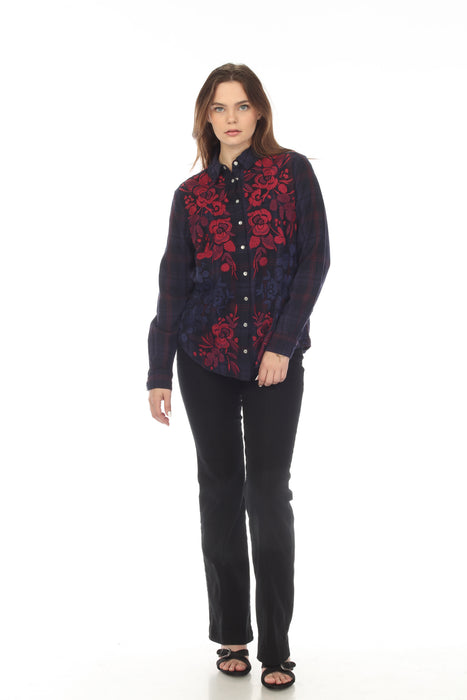 Johnny Was Workshop Tuscan Relaxed Plaid Embroidered Shirt Boho Chic W15922