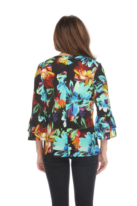 Johnny Was Workshop Viviana Ruffle Sleeve Silk Floral Blouse Boho Chic W11924