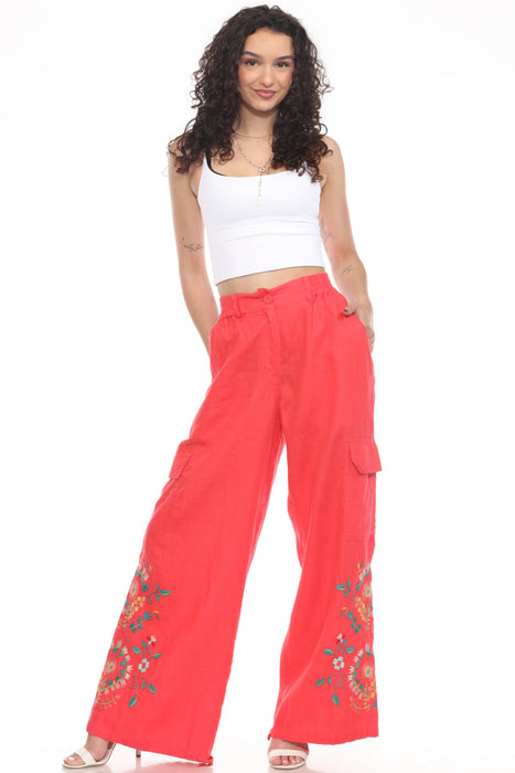 Johnny Was Workshop Style W63525-2 Watermelon Drawstring Hem Linen Cargo Pants