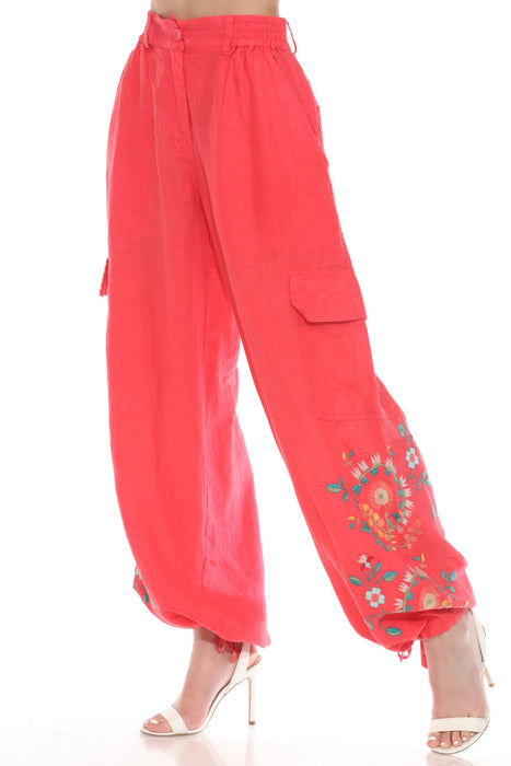 Johnny Was Workshop Style W63525-2 Watermelon Drawstring Hem Linen Cargo Pants