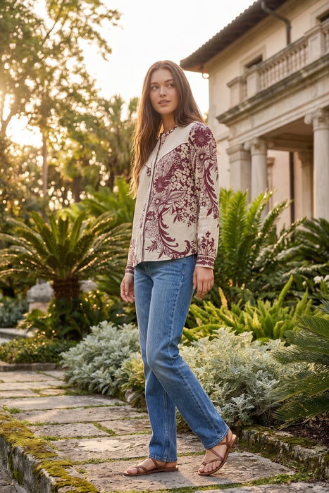 Johnny Was Workshop Beige Western Shirred Yoke Blouse W13325-7