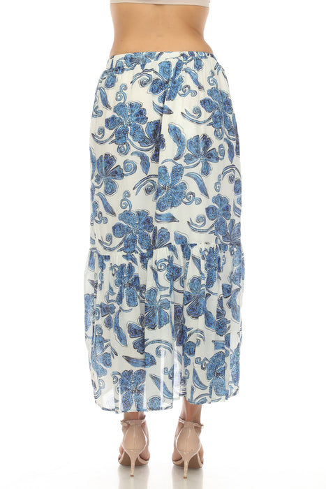 Johnny Was Workshop White/Blue Azura Floral Tiered Midi Skirt Boho Chic W71423
