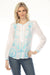 Woman wearing a white henley long sleeve blouse with blue floral embroidery from Johnny Was