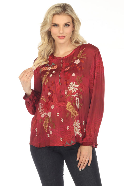 Johnny Was Workshop Style W15623 Zuzu Field Henley Embroidered Blouse Boho Chic
