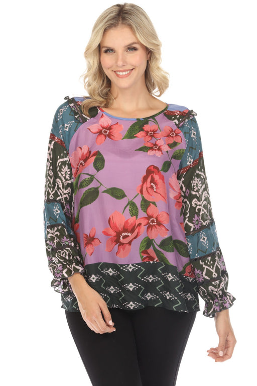 Johnny Was Style C16523A Zanda Vale Long Sleeve Floral Silk Top Boho Chic