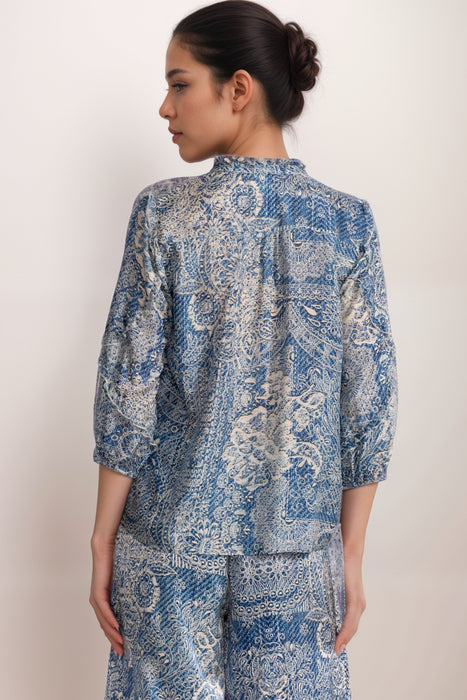 Johnny Was Zeeland Denim Print Silk Blouse C13925B1