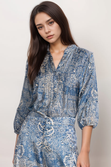 Johnny Was Zeeland Denim Print Silk Blouse C13925B1