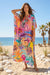 Johnny Was Zeru Tie Neck Maxi Kaftan, colorful floral beach cover-up maxi dress with tie neckline, lightweight resort wear for women.