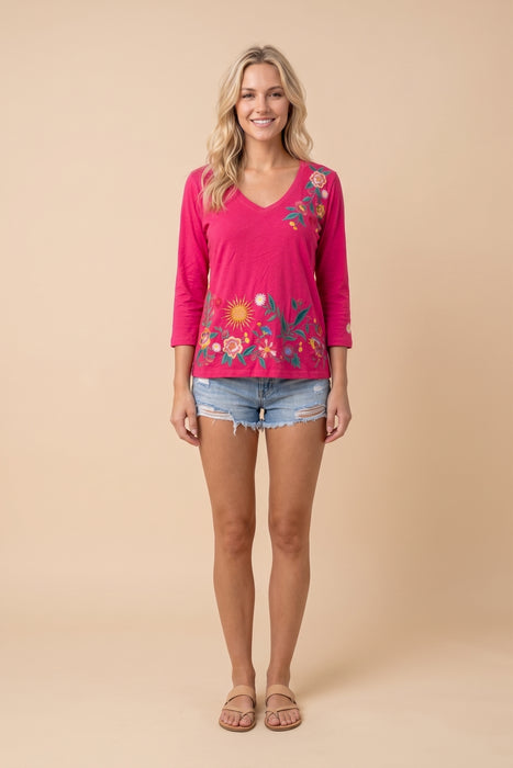 Johnny Was Ziviana 3/4 Sleeve Trapunto V-Neck Tee J18426-R
