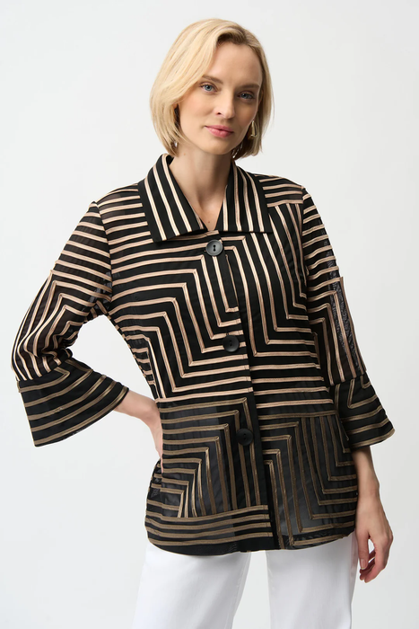 Joseph Ribkoff 261980 Black Champagne Abstract Print Collared 3/4 Bell Sleeves Jacket