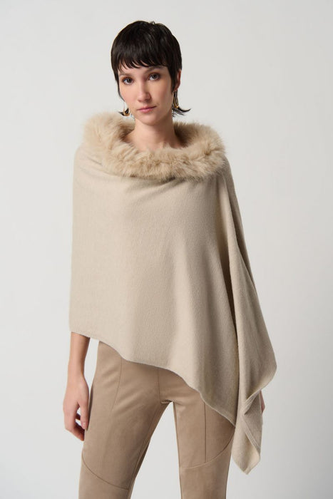 Joseph Ribkoff Style 234907 Alabaster Faux Fur Trim Knit Sweater Poncho Cover-Up