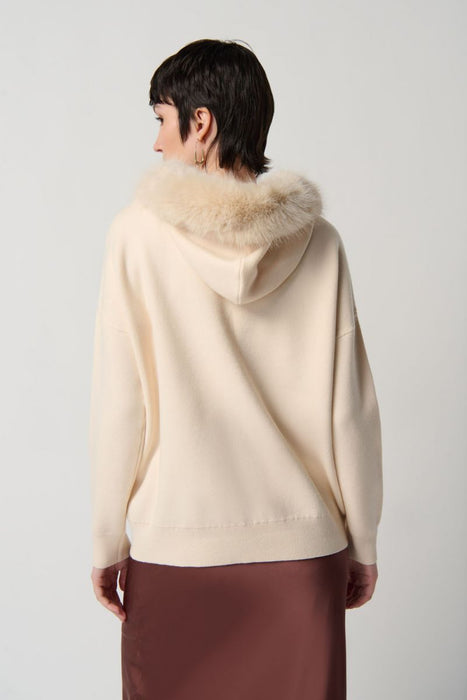 Joseph Ribkoff Almond Faux Fur Trim Hooded Knit Sweater Top 234921