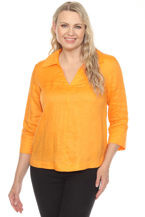 Joseph Ribkoff Style 252933 Appricot Collared V-Neck 3/4 Sleeve Linen Top