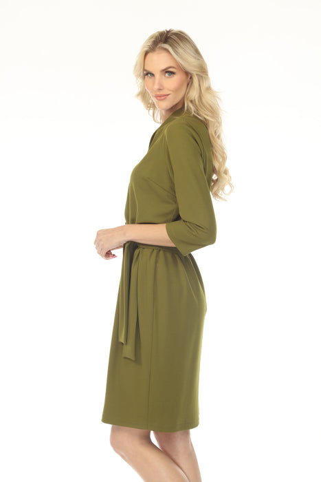 Joseph Ribkoff Artichoke Green Belted V-Neck 3/4 Sleeve Dress 253149