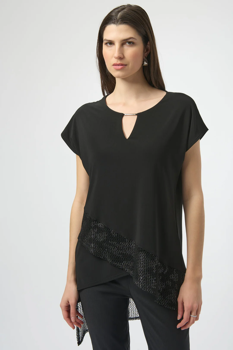 Joseph Ribkoff 252172 Black/Silver Asymmetrical Foiled Mesh Top