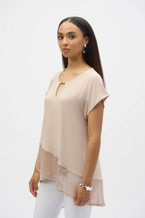Joseph Ribkoff 252172 Parchment/Silver Asymmetrical Foiled Mesh Top