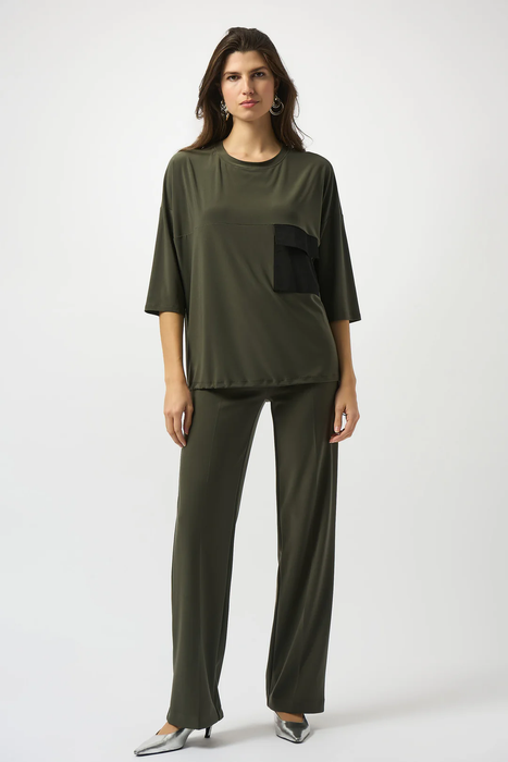 Joseph Ribkoff Avocado/Black Scoop Neckline 3/4 Sleeves Cocoon Top 253024