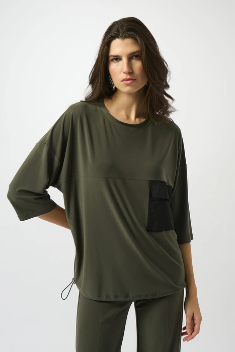 Joseph Ribkoff 253024 Avocado/Black Scoop Neckline 3/4 Sleeves Cocoon Top