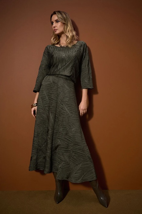 Joseph Ribkoff Avocado Geometric Print Pleated Long Flared Skirt 253248