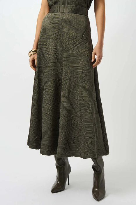 Joseph Ribkoff 253248 Avocado Geometric Print Pleated Long Flared Skirt