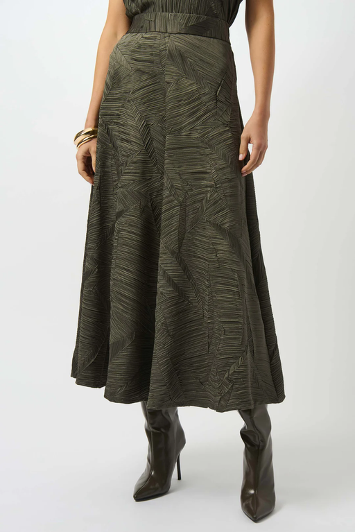 Joseph Ribkoff 253248 Avocado Geometric Print Pleated Long Flared Skirt
