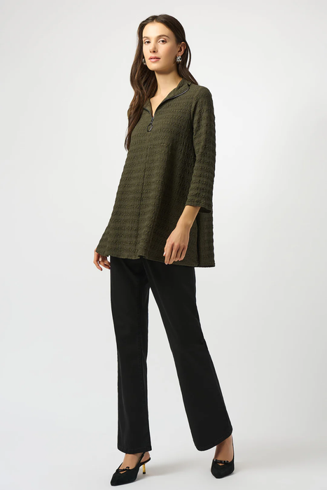 Joseph Ribkoff Avocado Zipped Collar 3/4 Sleeves A-Line Textured Top 253028