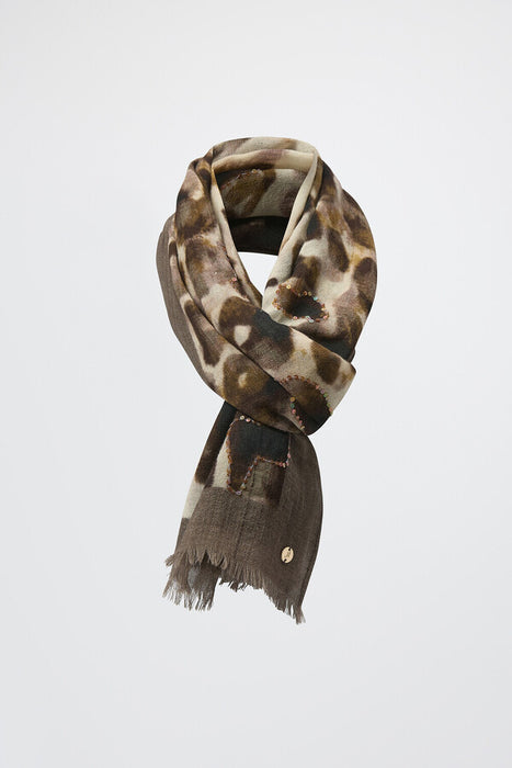 Joseph Ribkoff Beige/Black Abstract Print Fringe Scarf 254973