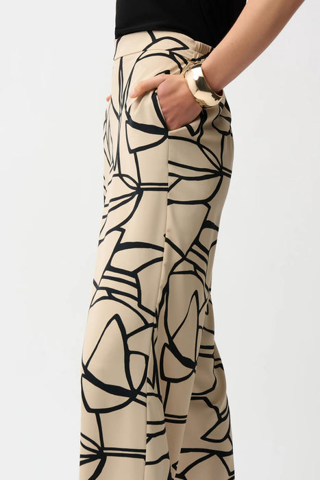 Joseph Ribkoff Beige/Black Abstract Print Pull-On Wide Leg Pants 261126