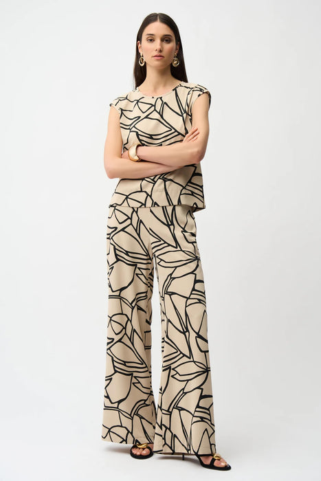 Joseph Ribkoff Beige/Black Abstract Print Pull-On Wide Leg Pants 261126