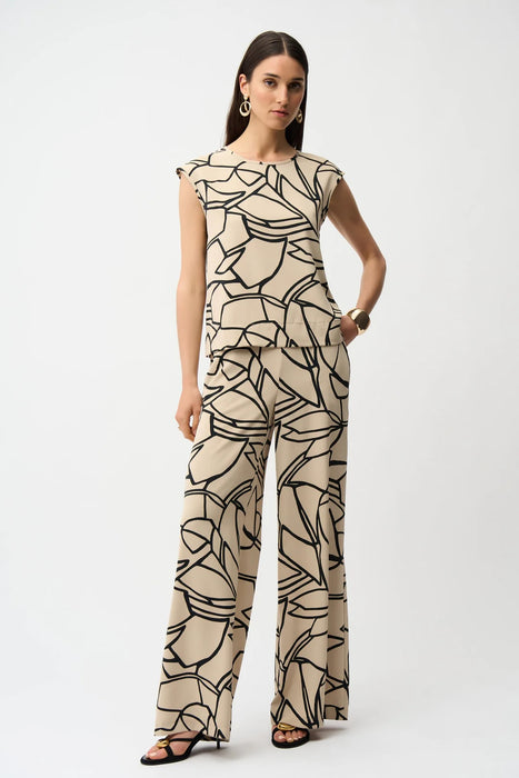 Joseph Ribkoff Beige/Black Abstract Print Cap Sleeves Top 261125