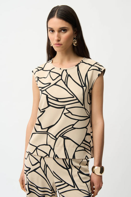 Joseph Ribkoff 261125 Beige/Black Abstract Print Round Neck Short Sleeves Tunic Top