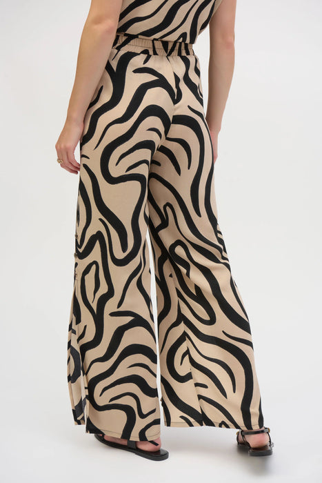 Joseph Ribkoff Beige/Black Abstract Print Side Slit Wide Leg Pants 252178