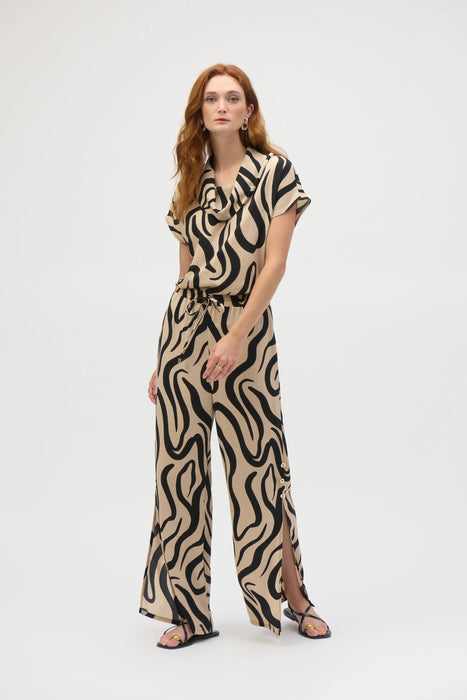 Joseph Ribkoff Beige/Black Abstract Print Side Slit Wide Leg Pants 252178