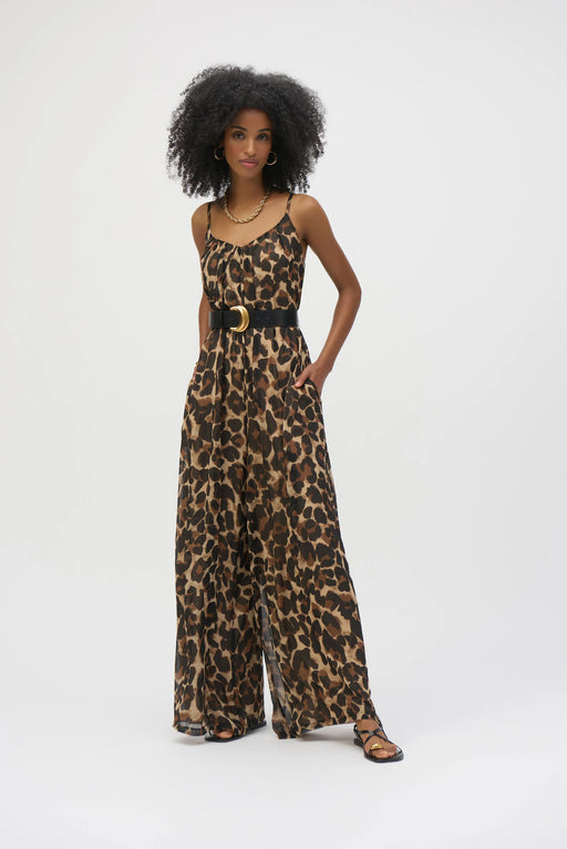 Joseph Ribkoff Style 252936 Beige/Black Animal Print Belted Chiffon Jumpsuit