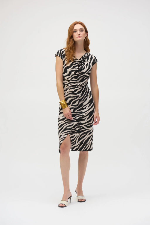 Joseph Ribkoff Style 252158 Beige/Black Animal Print Cowl Neck Sheath Dress