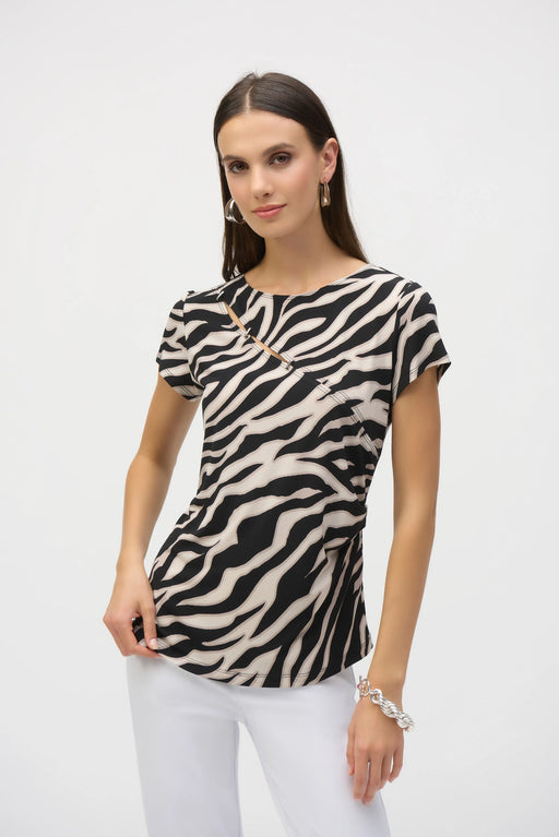Joseph Ribkoff Style 252125 Beige/Black Animal Print Keyhole Short Sleeve Top