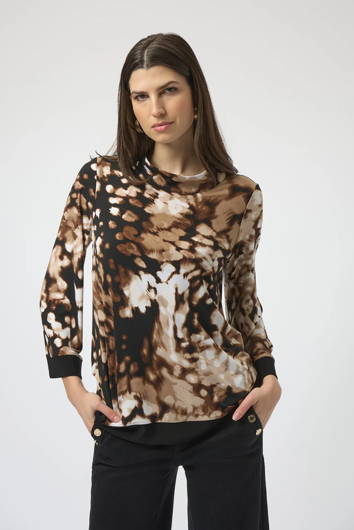 Joseph Ribkoff 254065 Beige/Black Animal Print Mock Neck Long Sleeves Top