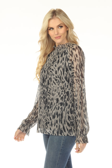 Joseph Ribkoff Beige/Black Animal Print Pleated Metallic Mesh Blouse 254140