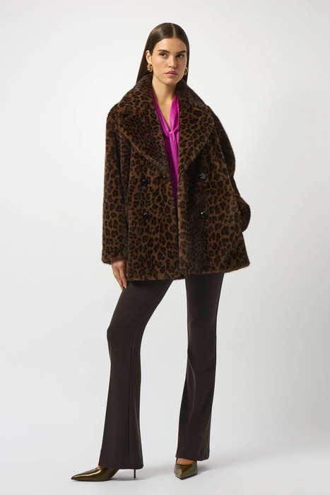 Joseph Ribkoff Beige/Black Leopard Print Faux Fur Double-Breasted Coat 253937