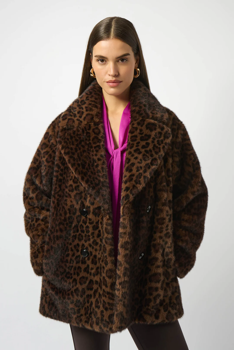 Joseph Ribkoff 253937 Beige/Black Leopard Print Faux Fur Double-Breasted Coat